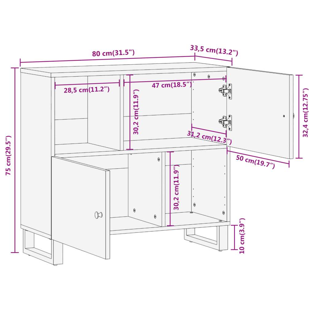 vidaXL barna és fekete tömör mangófa kisszekrény 80x33,5x75 cm