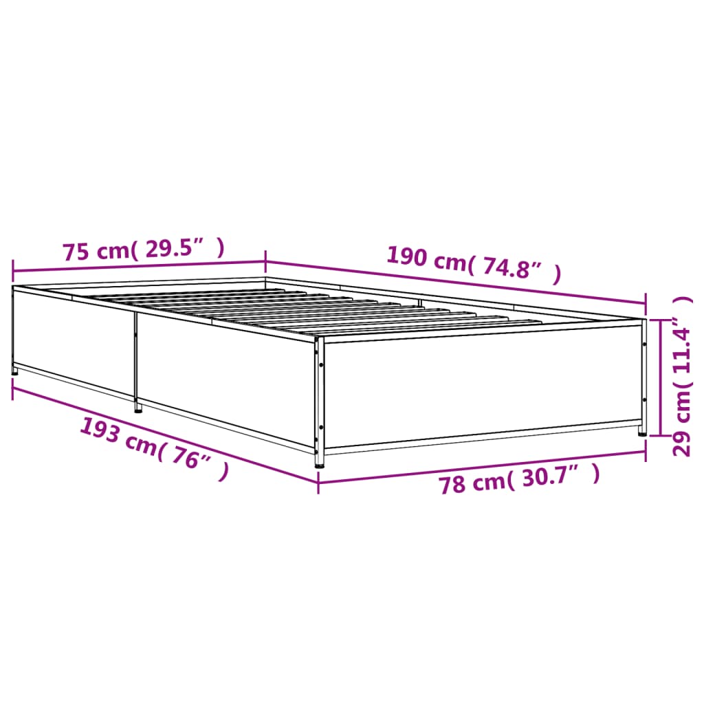 vidaXL sonoma tölgyszínű szerelt fa és fém ágykeret 75 x 190 cm