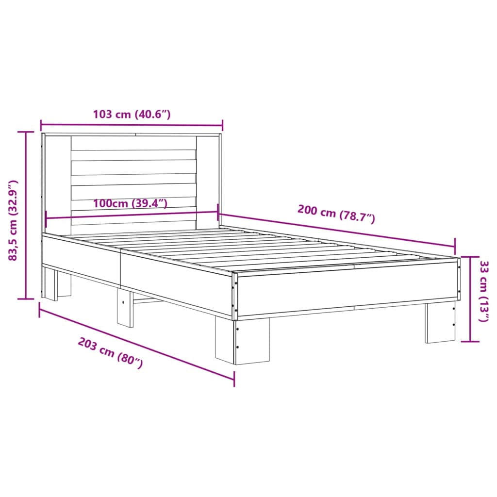 vidaXL füstös tölgyszínű szerelt fa és fém ágykeret 100 x 200 cm