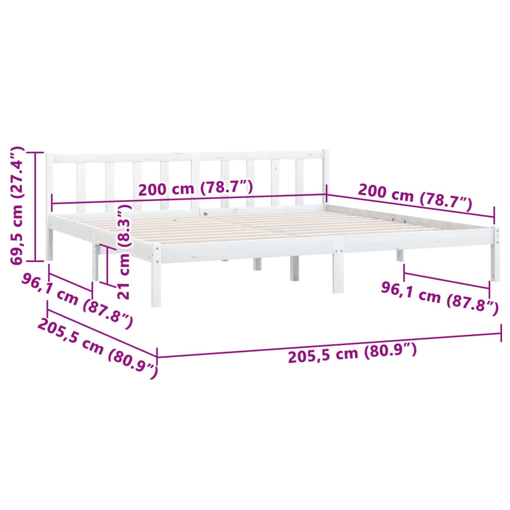 vidaXL fehér tömör fenyőfa ágykeret 200 x 200 cm