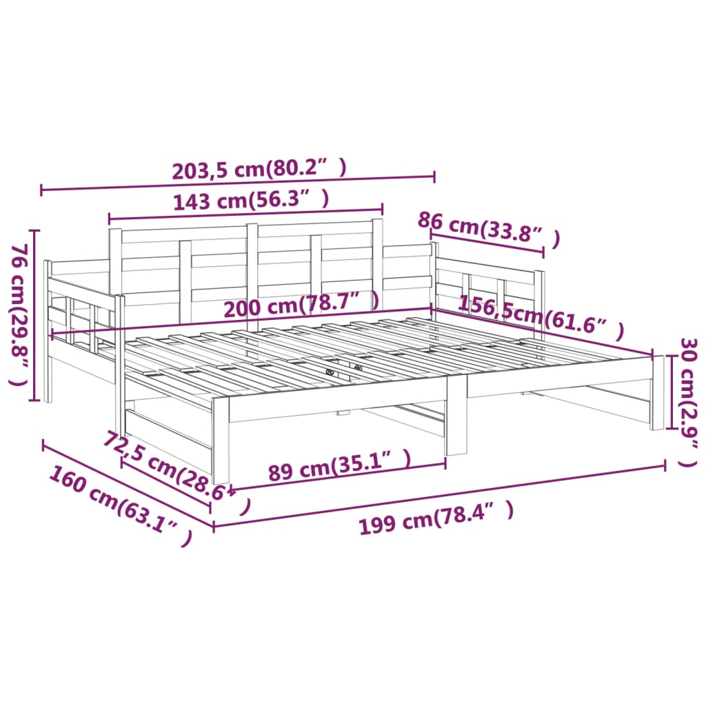 vidaXL fekete tömör fenyőfa kihúzható kanapéágy 2 x (80 x 200) cm