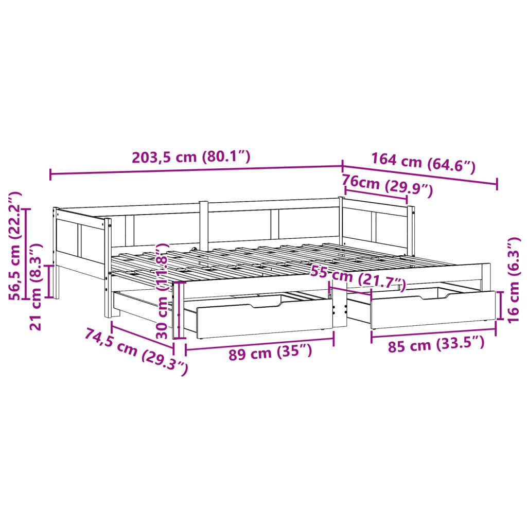 vidaXL fehér tömör fenyőfa kihúzható kanapéágy fiókkal 80x200 cm