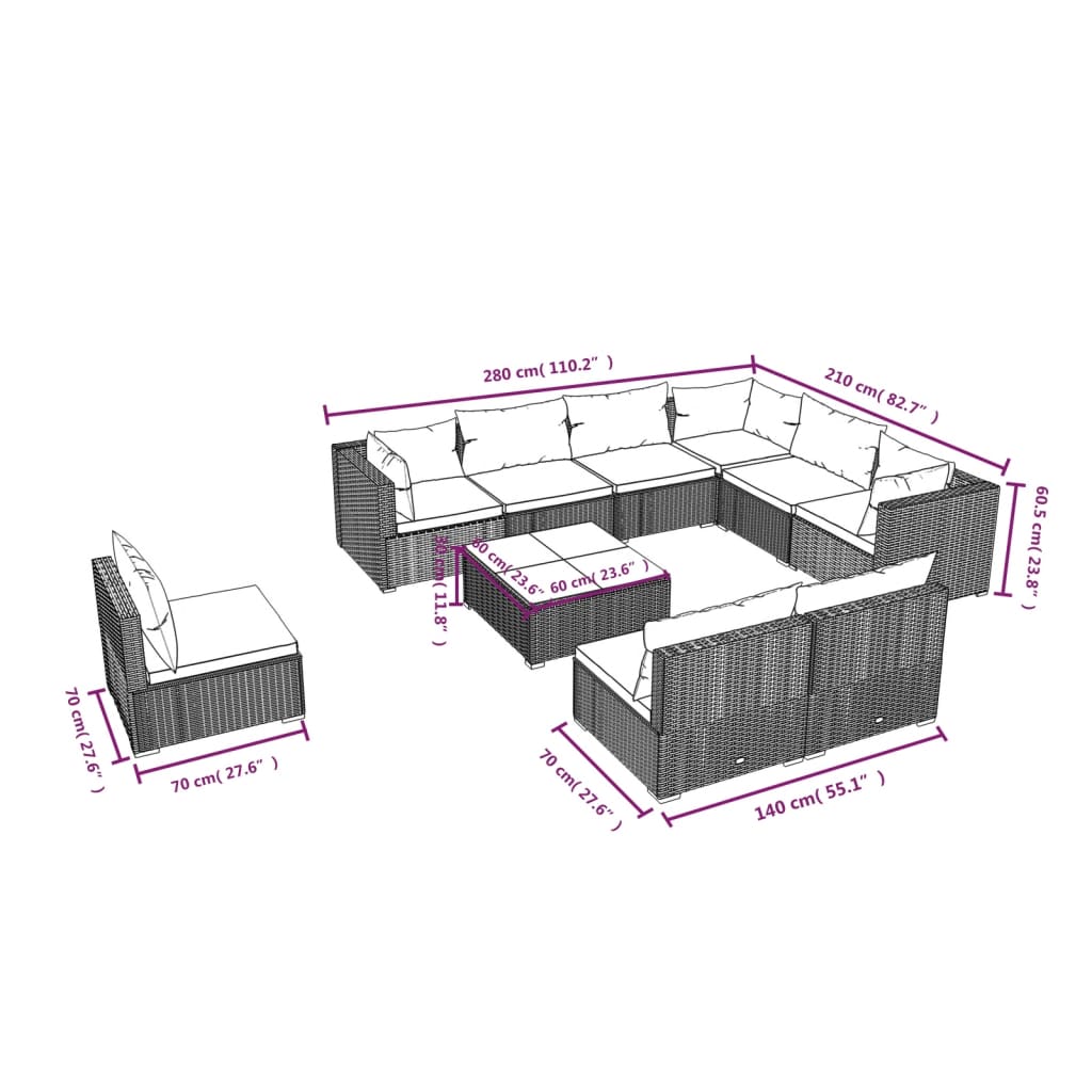 vidaXL 10 részes barna polyrattan kerti ülőgarnitúra párnákkal