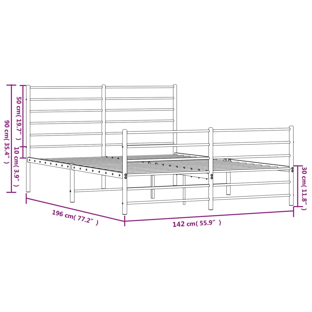 vidaXL fekete fém ágykeret fej- és lábtámlával 135 x 190 cm