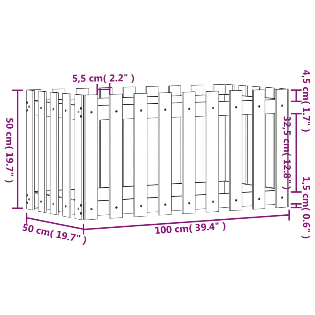 vidaXL tömör fenyőfa kerti magaságyás kerítéssel 100x50x50 cm