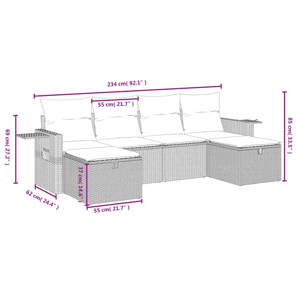 vidaXL 6 részes szürke polyrattan kerti ülőgarnitúra párnákkal