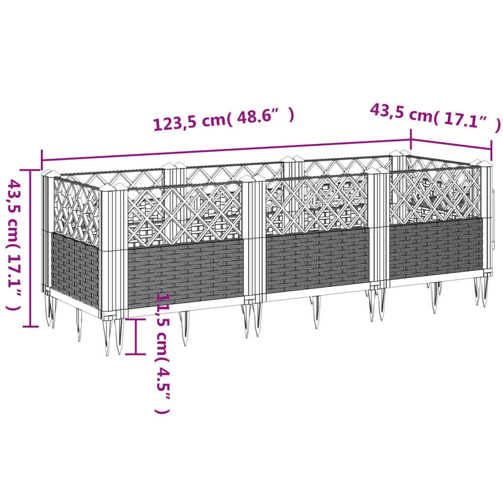 vidaXL világosszürke PP kerti virágláda cövekekkel 123,5x43,5x43,5 cm