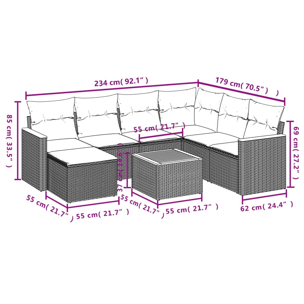 vidaXL 8 részes szürke polyrattan kerti ülőgarnitúra párnákkal