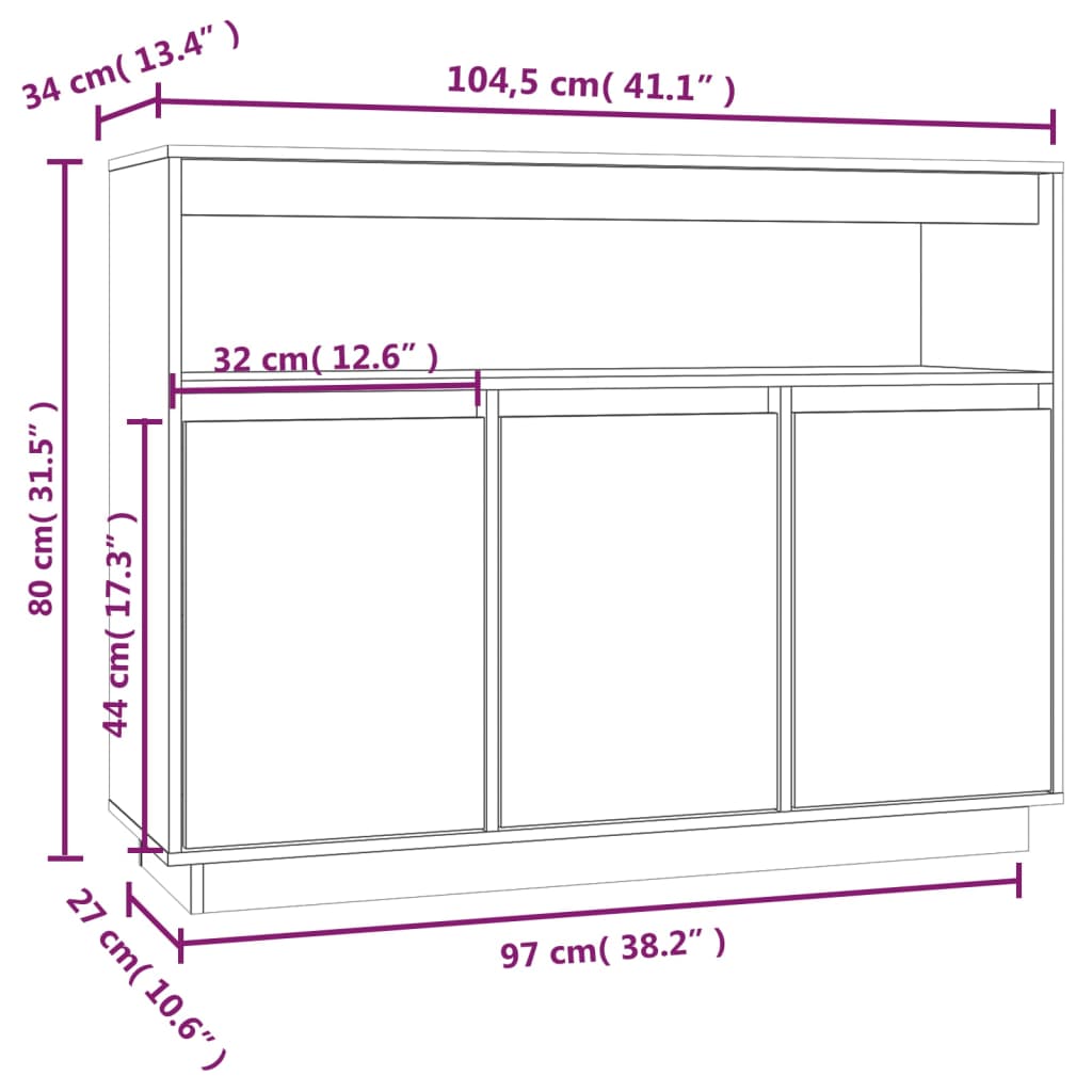 vidaXL fekete tömör fenyőfa tálalószekrény 104,5x34x80 cm