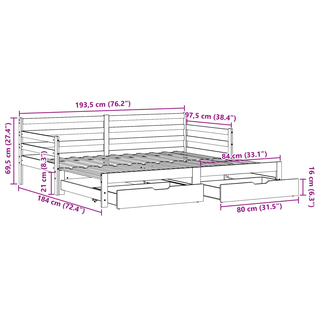 vidaXL fehér tömör fenyőfa kihúzható kanapéágy fiókkal 90x190 cm