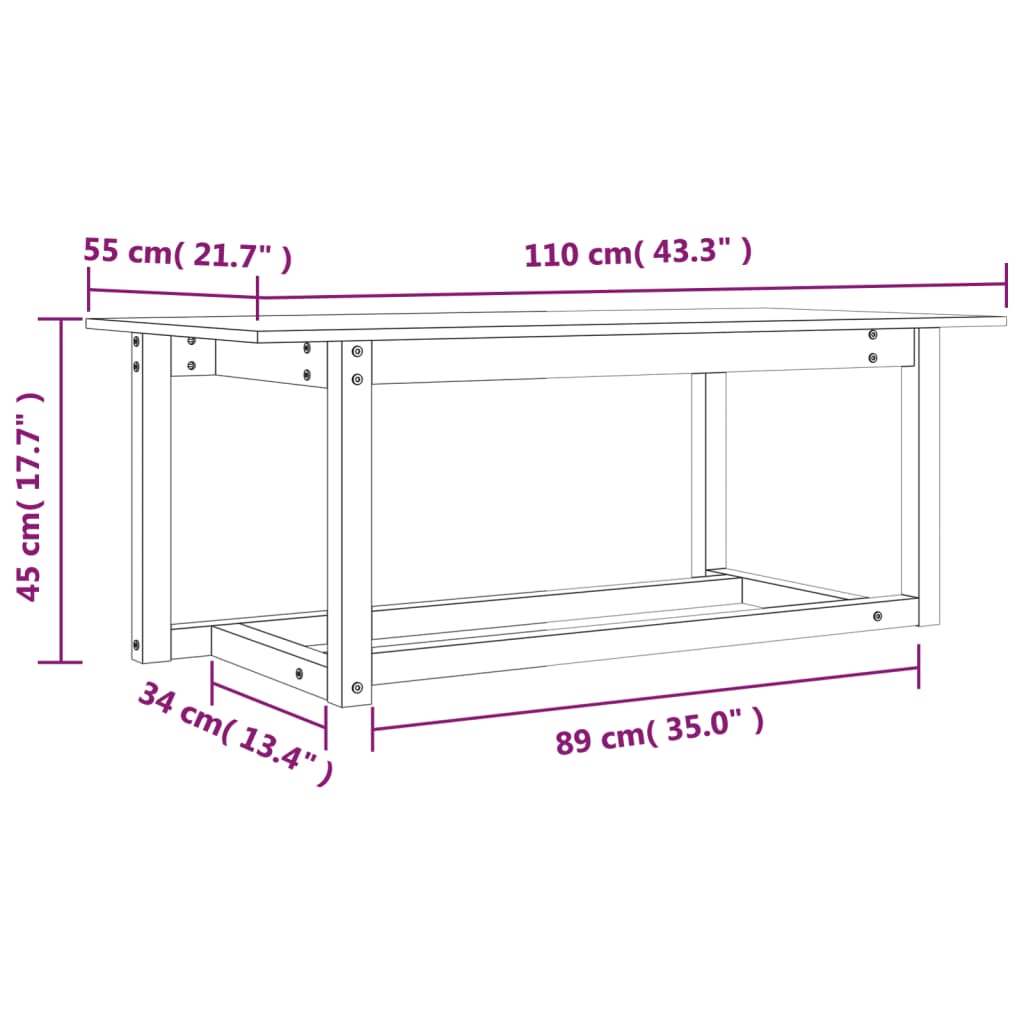 vidaXL fekete tömör fenyőfa dohányzóasztal 110 x 55 x 45 cm