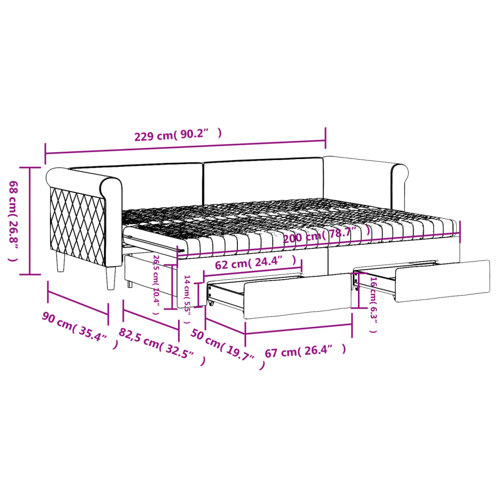 vidaXL fekete kihúzható bársony heverő fiókkal 80 x 200 cm