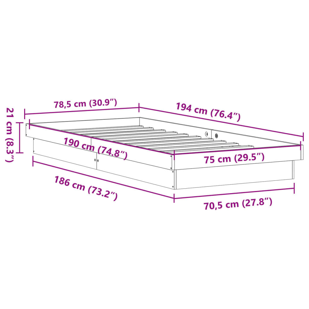 vidaXL viaszbarna tömör fenyőfa ágykeret LED-világítással 75 x 190 cm