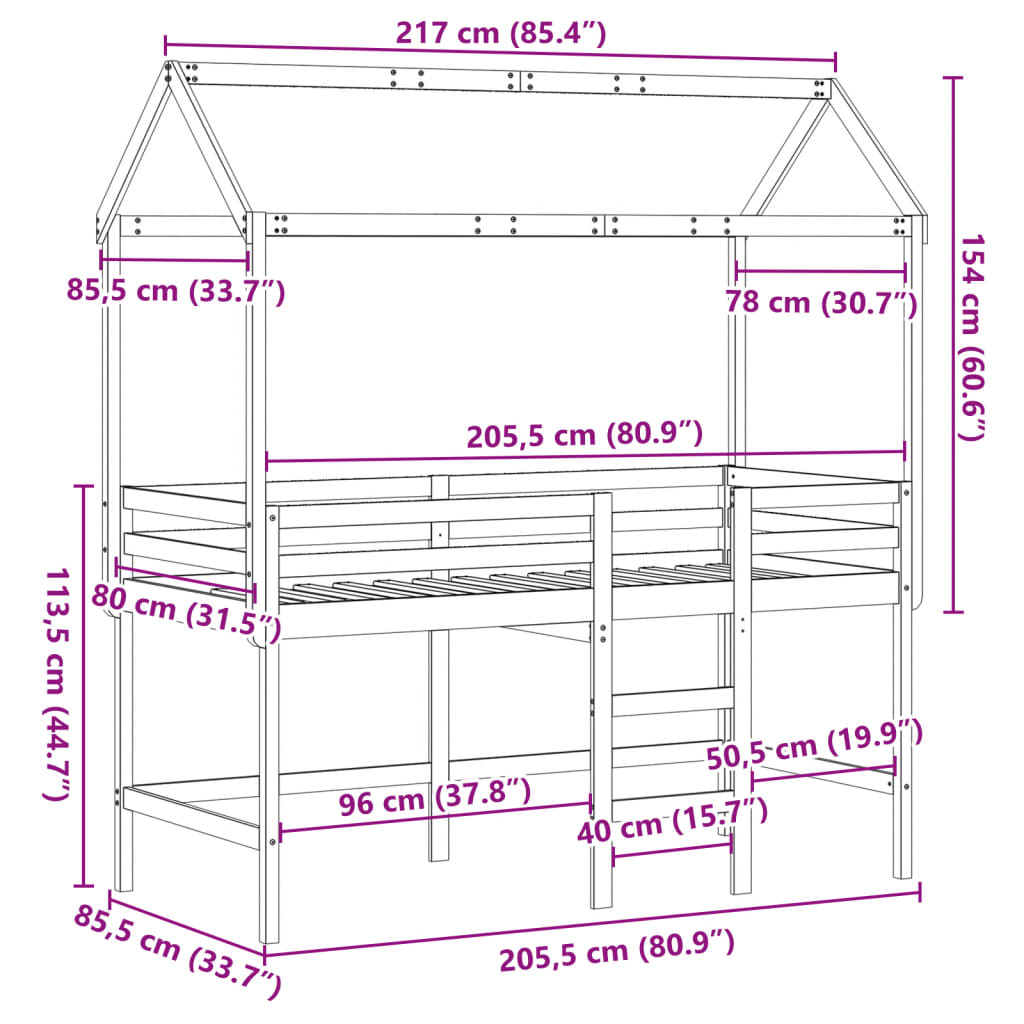 vidaXL fehér tömör fenyőfa galériaágy létrával és tetővel 80 x 200 cm