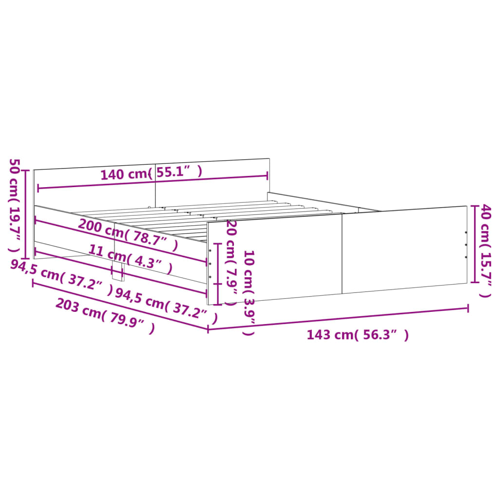 vidaXL füstös tölgy színű ágykeret fej- és lábtámlával 140 x 200 cm