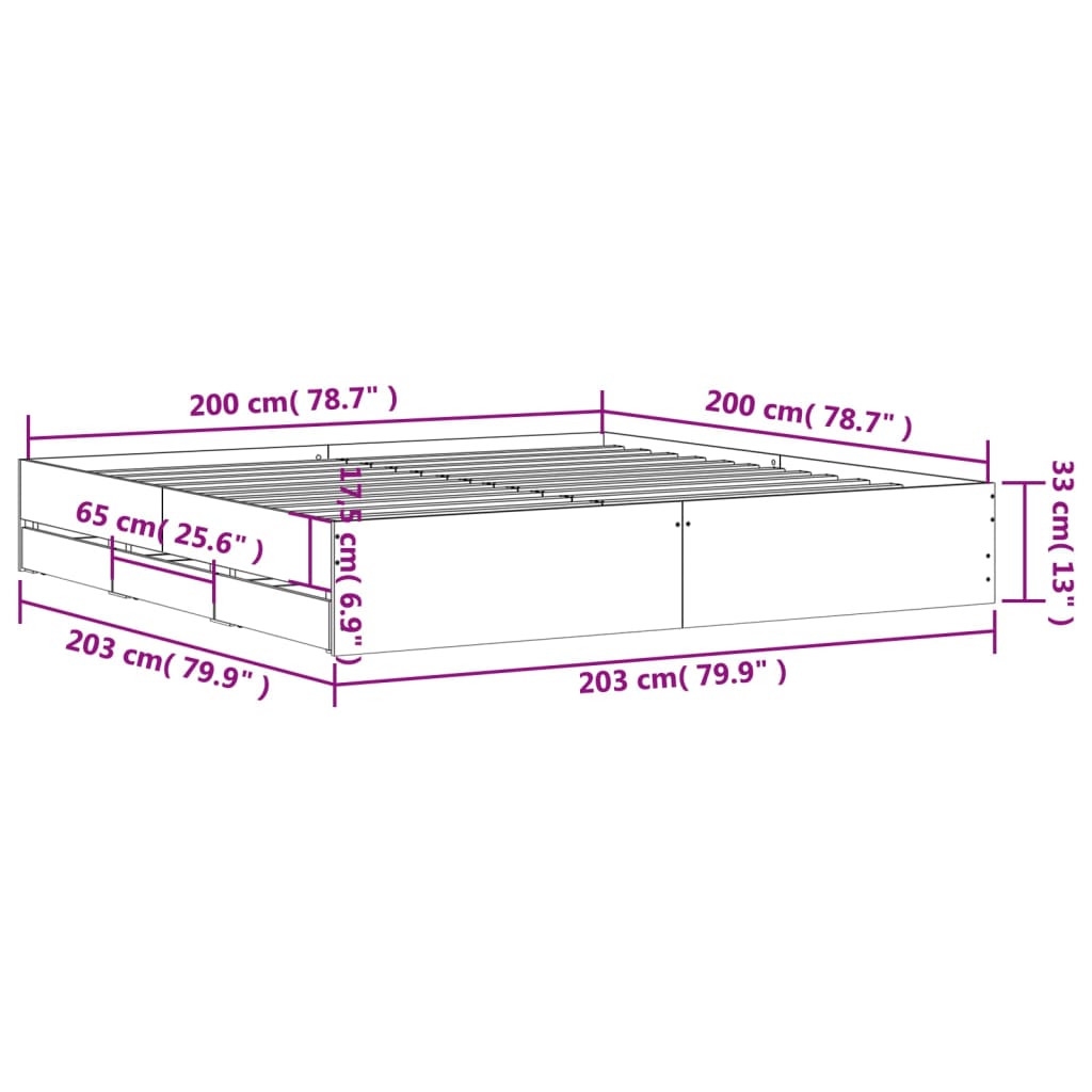 vidaXL sonoma tölgyszínű szerelt fa ágykeret fiókokkal 200 x 200 cm