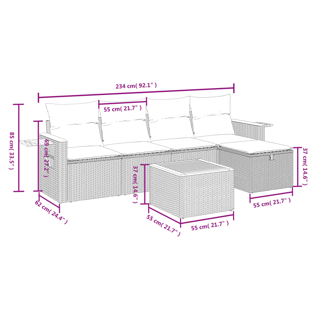 vidaXL 6 részes szürke polyrattan kerti ülőgarnitúra párnákkal