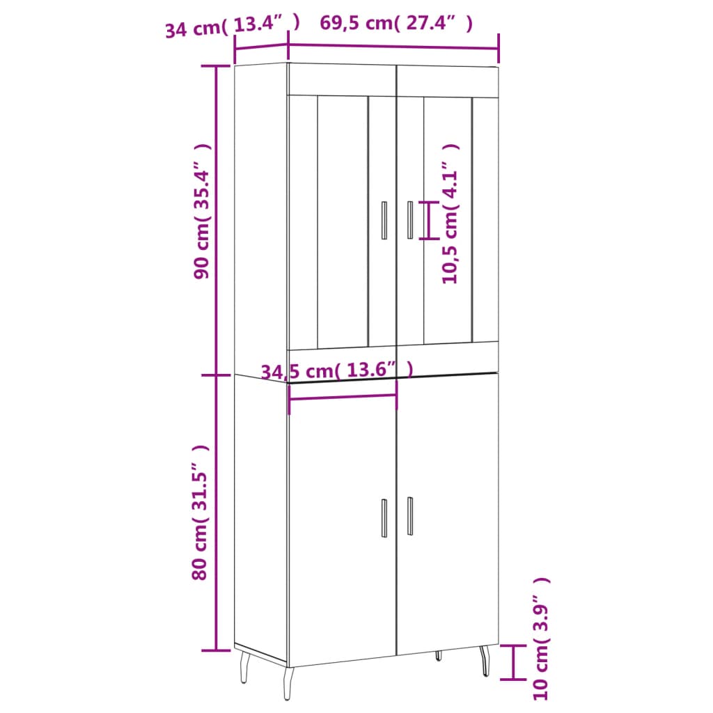 vidaXL fekete szerelt fa magasszekrény 69,5 x 34 x 180 cm