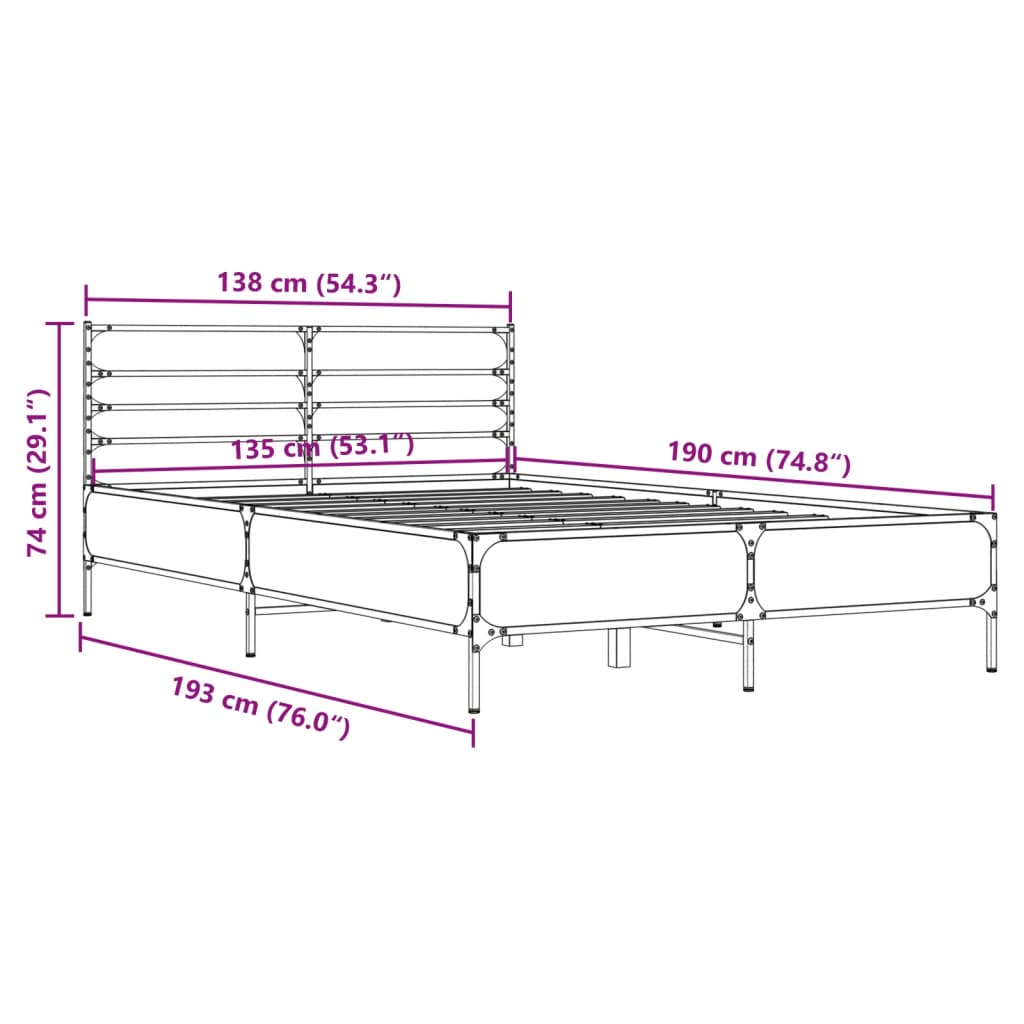 vidaXL sonoma tölgyszínű szerelt fa és fém ágykeret 135 x 190 cm