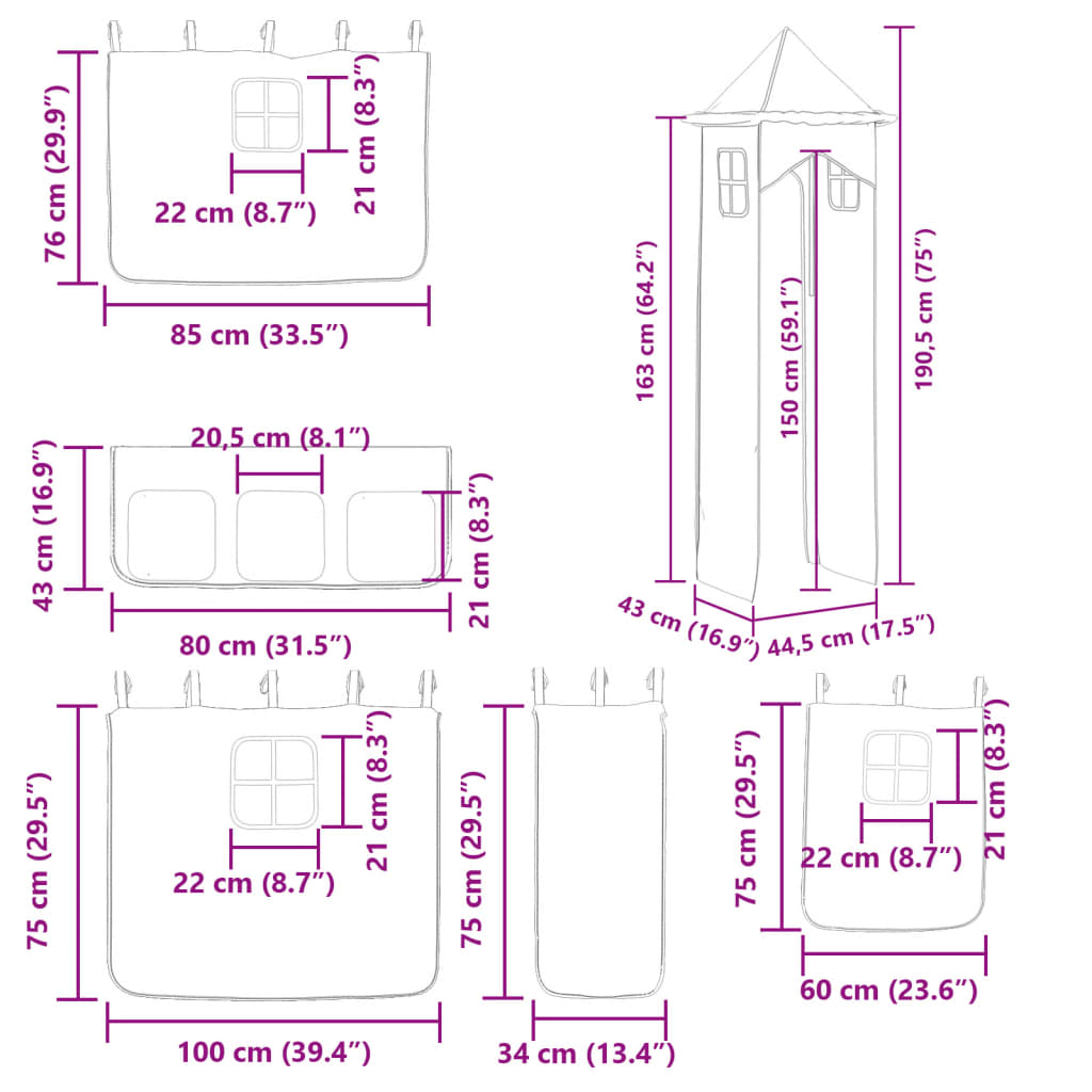 vidaXL kék emeletes ágy csúszdával és függönnyel 80 x 200 cm