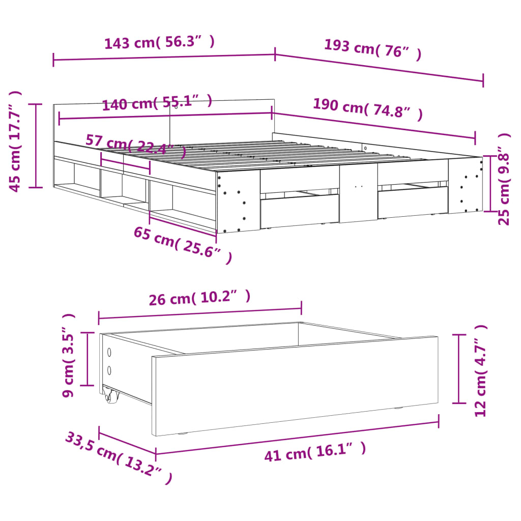 vidaXL sonoma tölgy színű szerelt fa ágykeret fiókokkal 140 x 190 cm