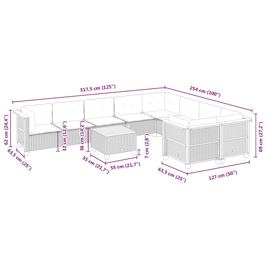 vidaXL 10 részes szürke polyrattan kerti ülőgarnitúra párnákkal