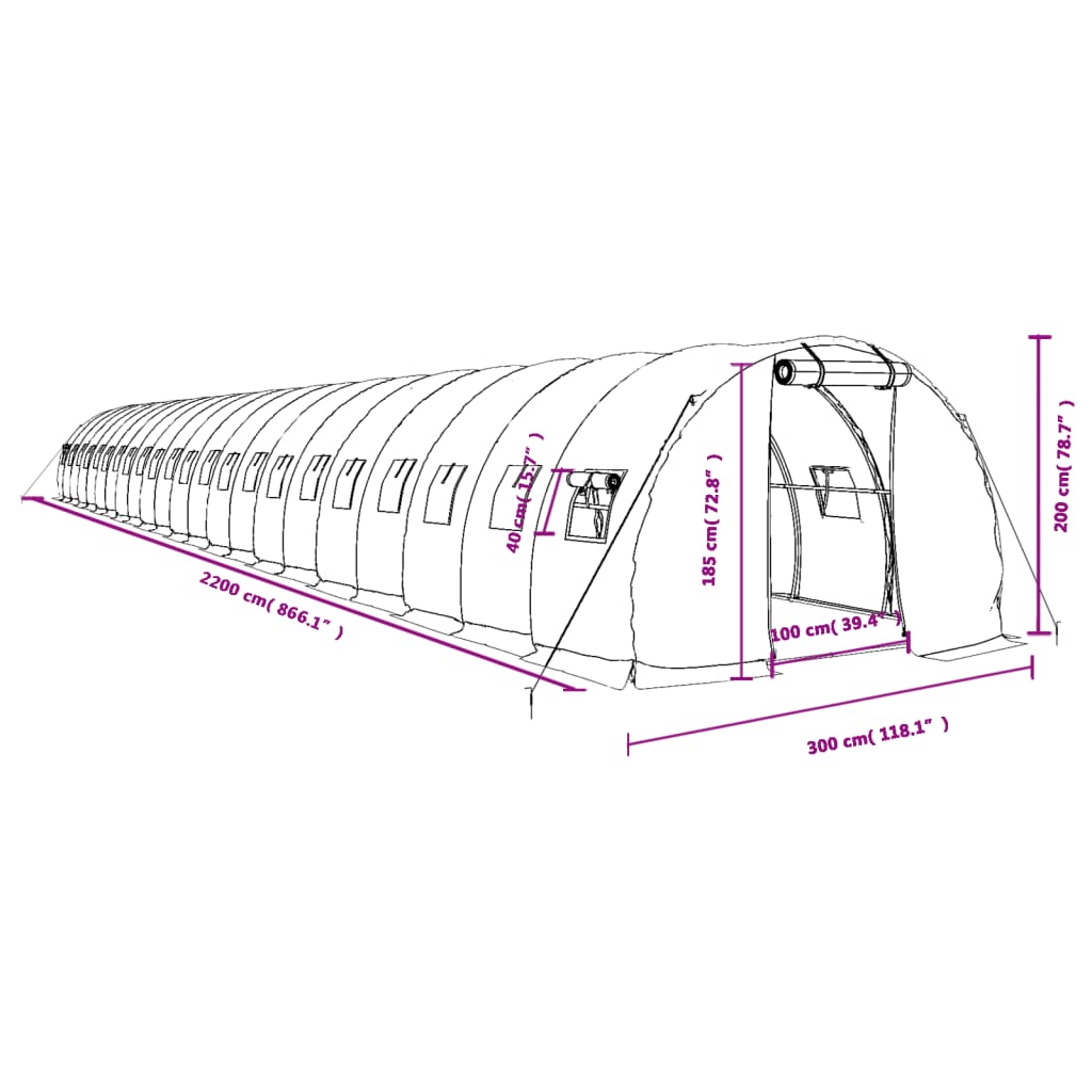 vidaXL zöld acélvázas melegház 66 m² 22 x 3 x 2 m