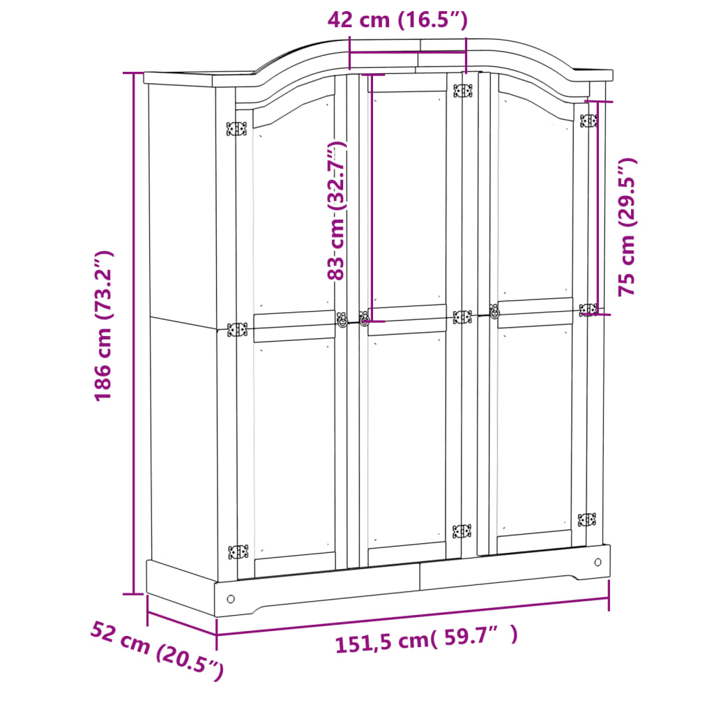 vidaXL fehér Corona tömör fenyőfa ruhásszekrény 151,5 x 52 x 186 cm