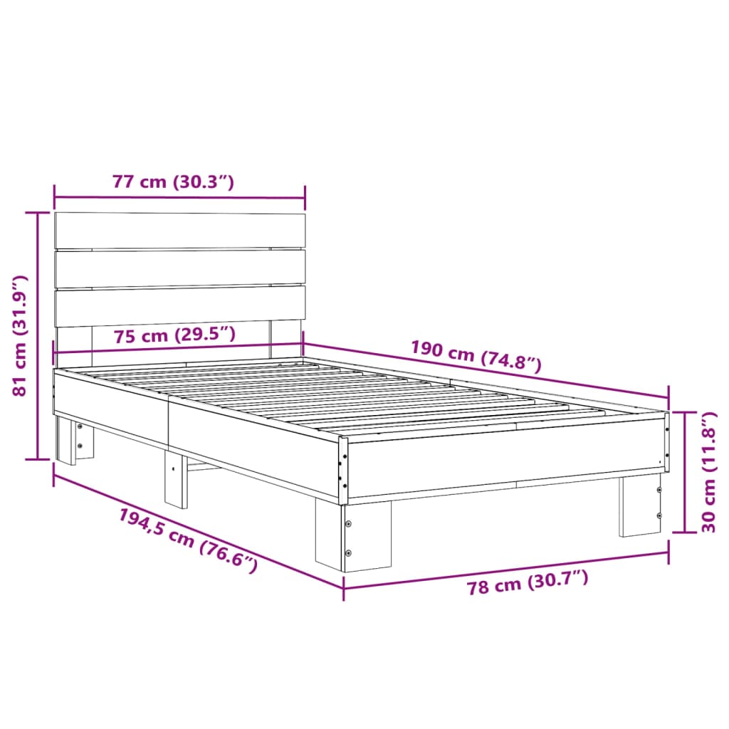 vidaXL barna tölgyszínű szerelt fa és fém ágykeret 75 x 190 cm