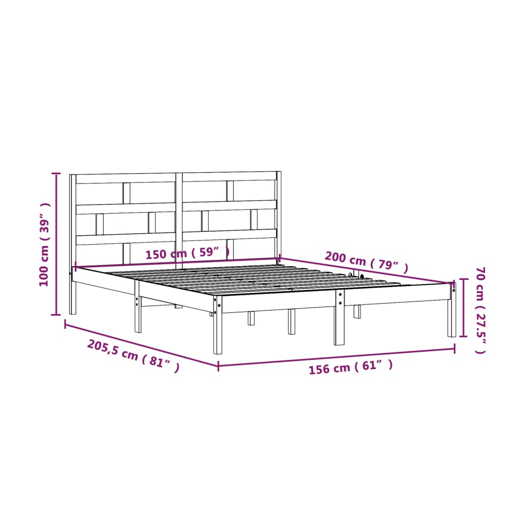 vidaXL fekete tömör fa ágykeret 150 x 200 cm (King Size)