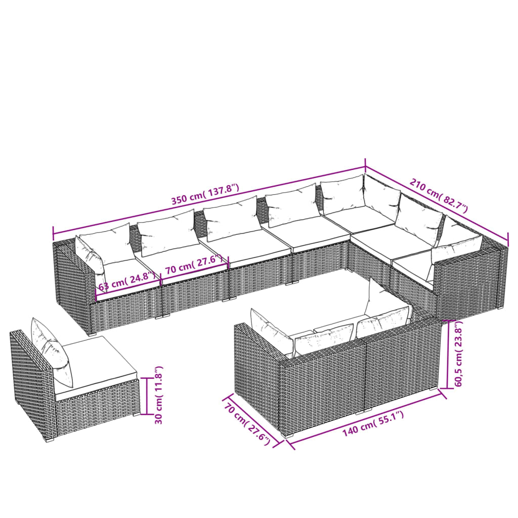 vidaXL 10 részes fekete polyrattan kerti ülőgarnitúra párnákkal