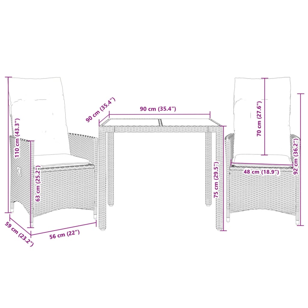 vidaXL 3 részes bézs polyrattan bisztrógarnitúra párnával