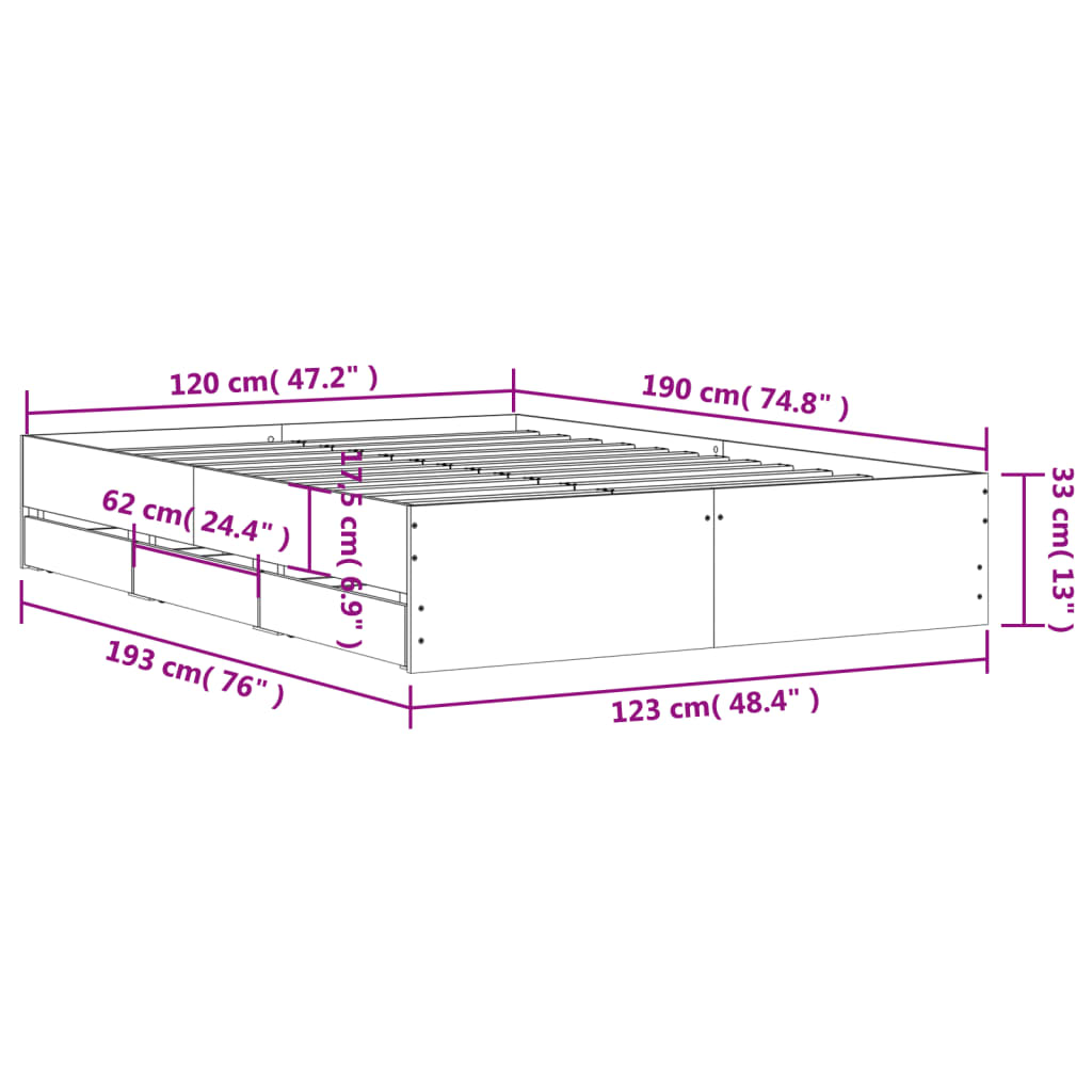 vidaXL szürke sonoma színű szerelt fa ágykeret fiókokkal 120 x 190 cm