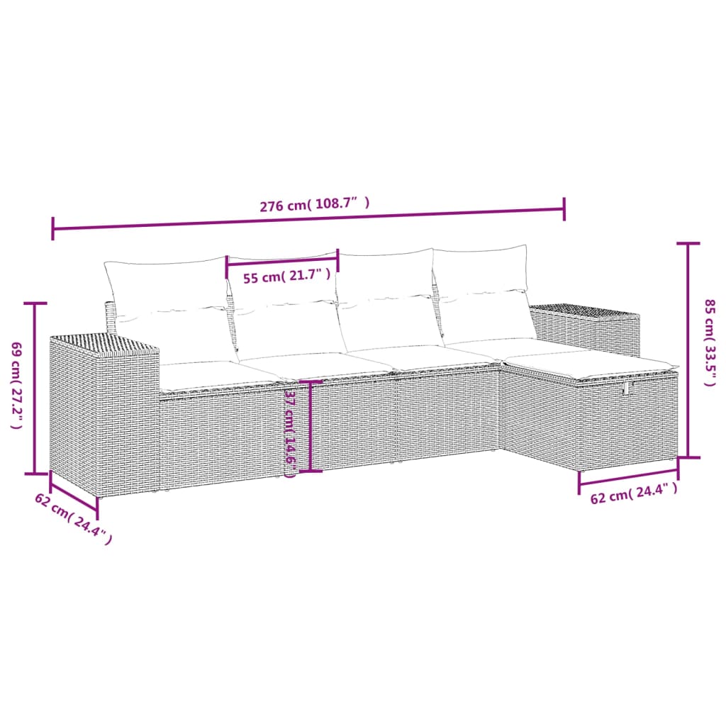 vidaXL 5 részes bézs polyrattan kerti ülőgarnitúra párnákkal