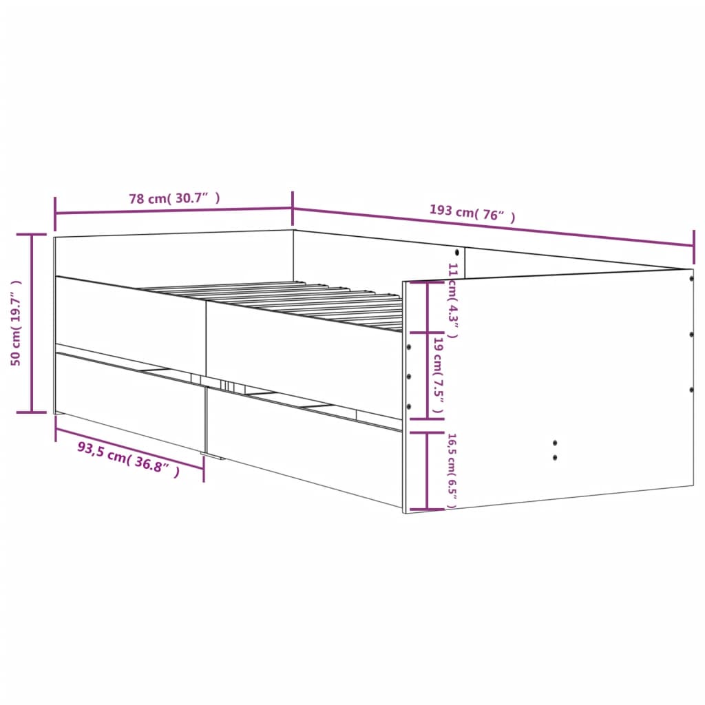 vidaXL füstös tölgyszínű kisméretű egyszemélyes ágykeret 75 x 190 cm