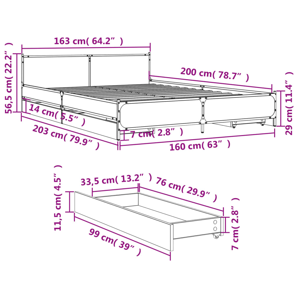 vidaXL fekete szerelt fa ágykeret fiókokkal 160 x 200 cm