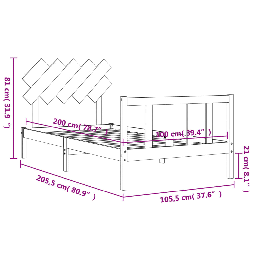 vidaXL fekete tömör fa ágykeret fejtámlával 100 x 200 cm