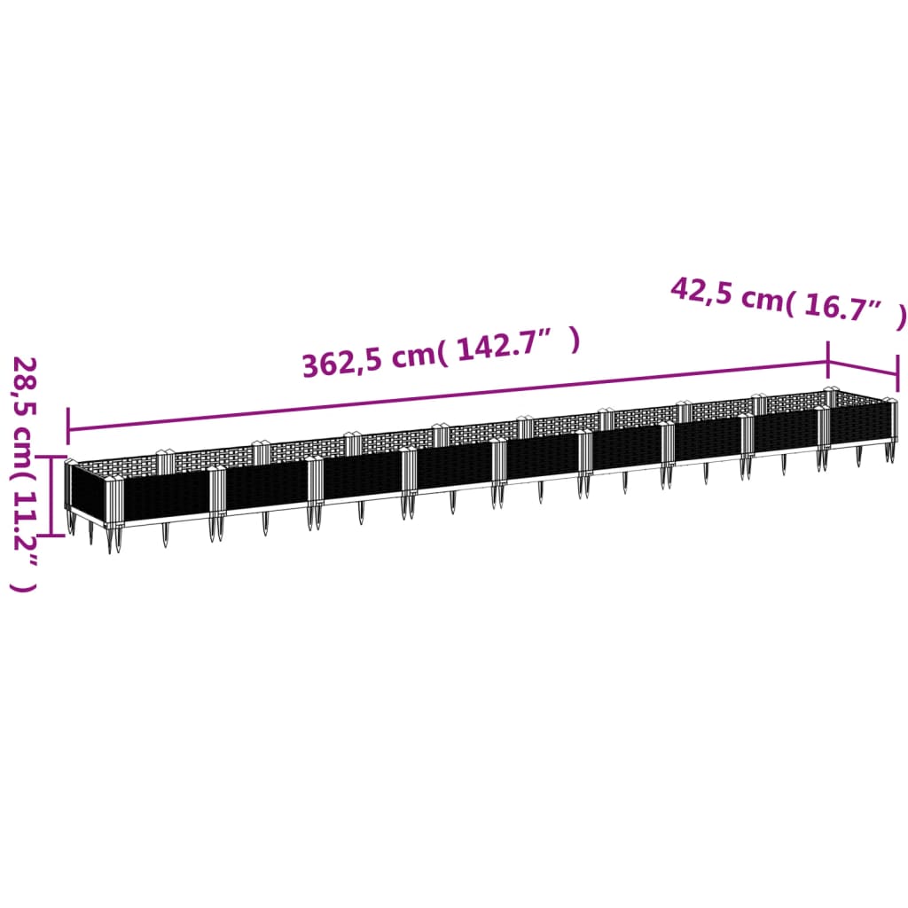 vidaXL világosszürke PP kerti virágláda cövekekkel 362,5x42,5x28,5 cm