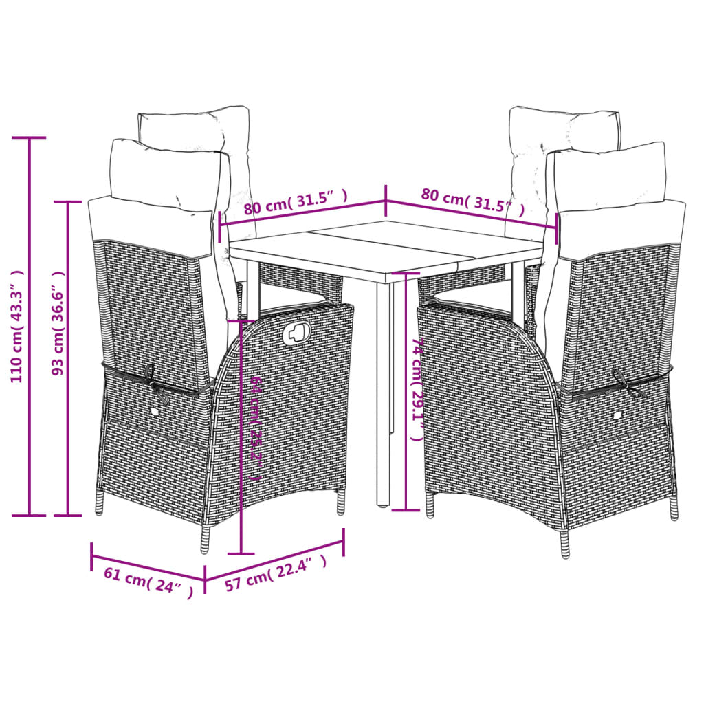 vidaXL 5 részes fekete polyrattan kerti étkezőgarnitúra párnákkal