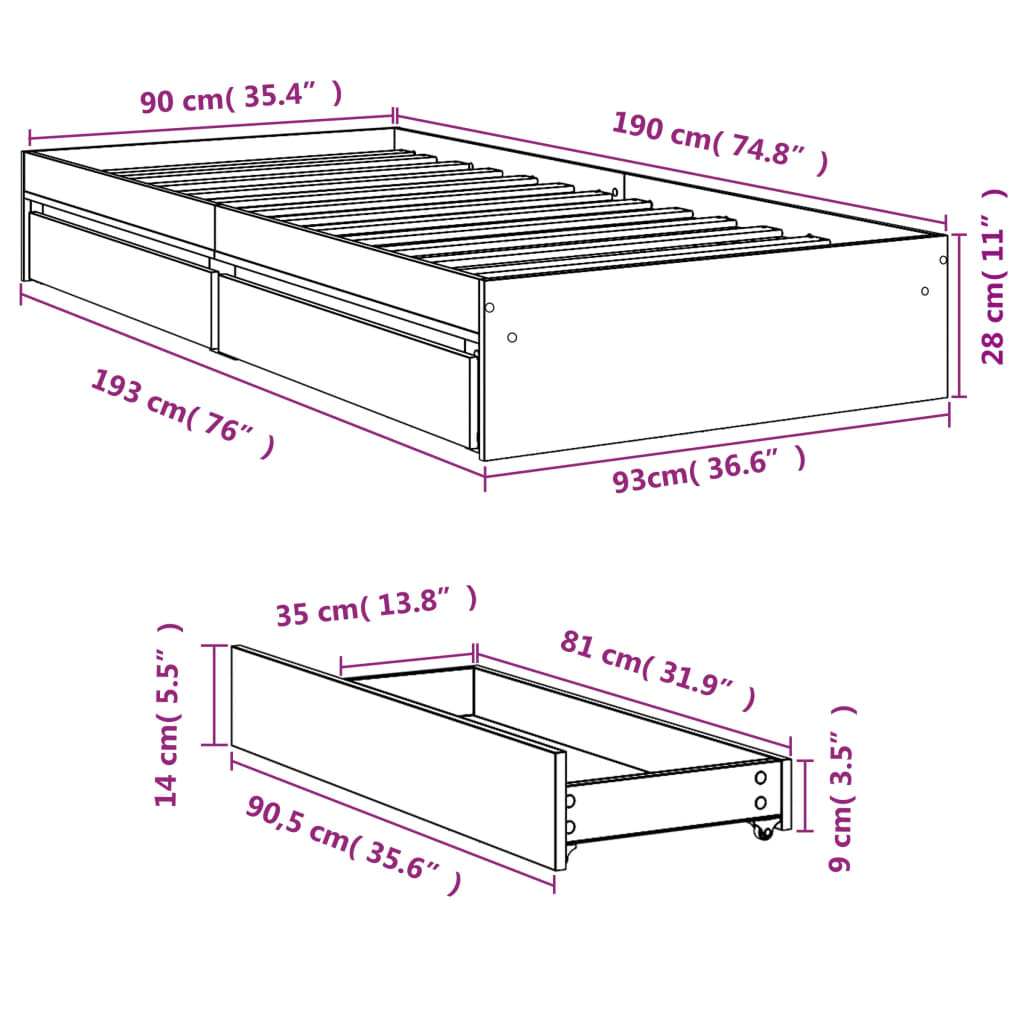 vidaXL füstös tölgy színű szerelt fa ágykeret fiókokkal 90 x 190 cm