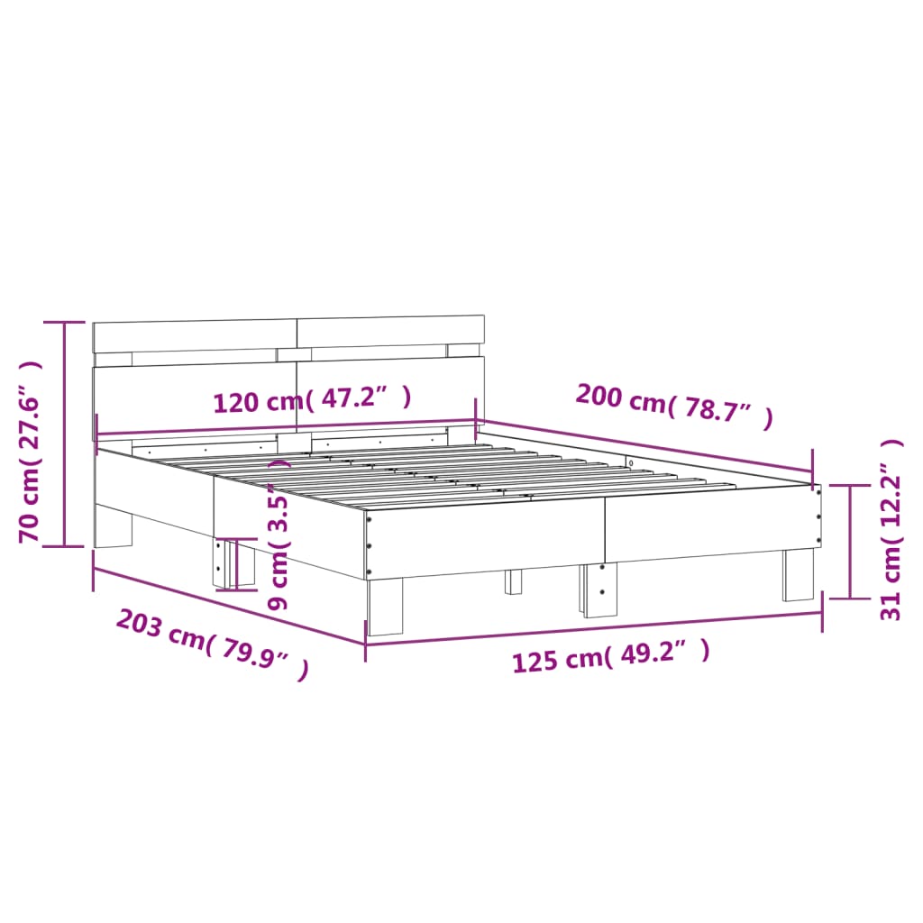 vidaXL sonoma tölgy színű ágykeret fejtámlával és LED-del 120x200 cm