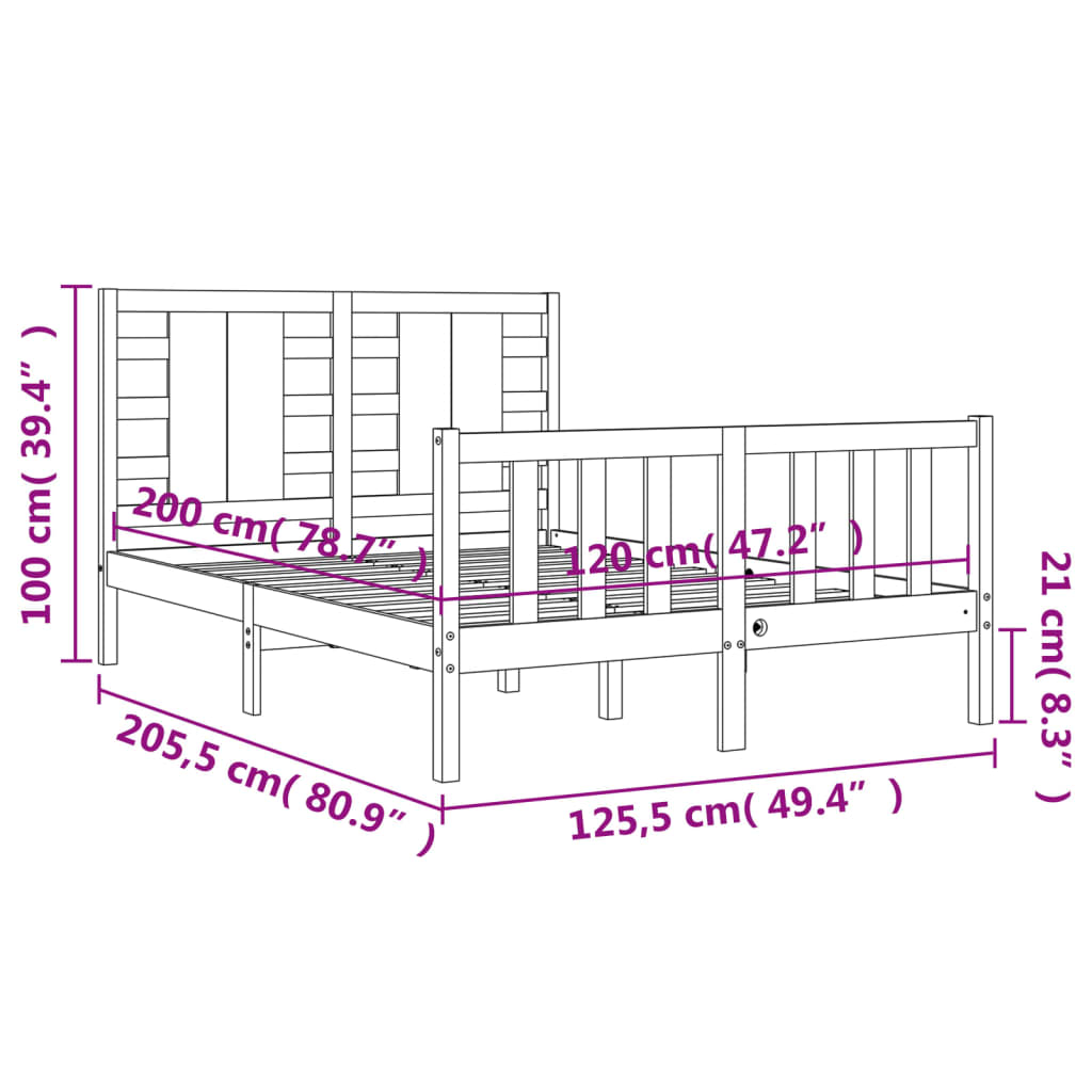 vidaXL fekete tömör fa ágykeret fejtámlával 120 x 200 cm