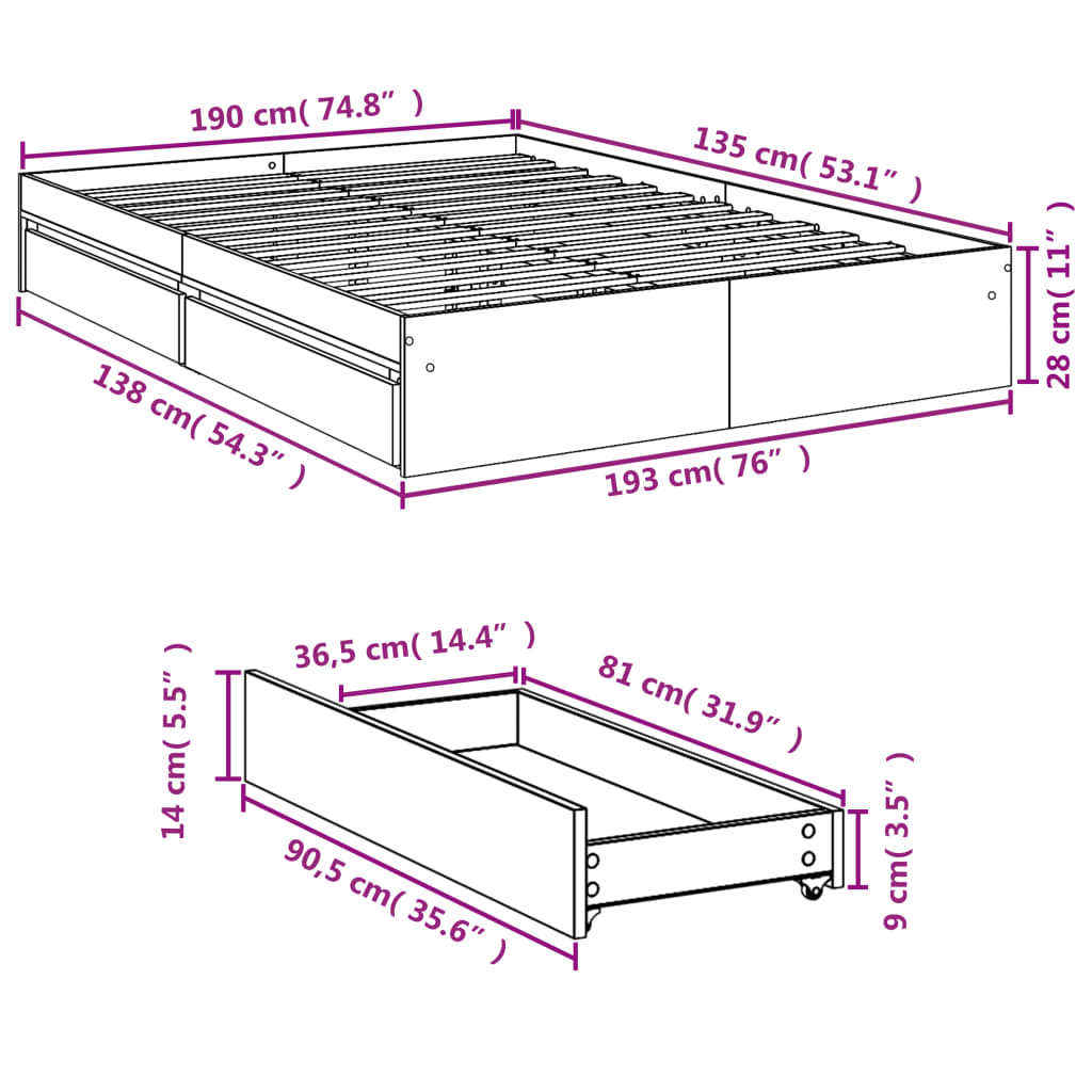 vidaXL füstös tölgy színű szerelt fa ágykeret fiókokkal 135 x 190 cm