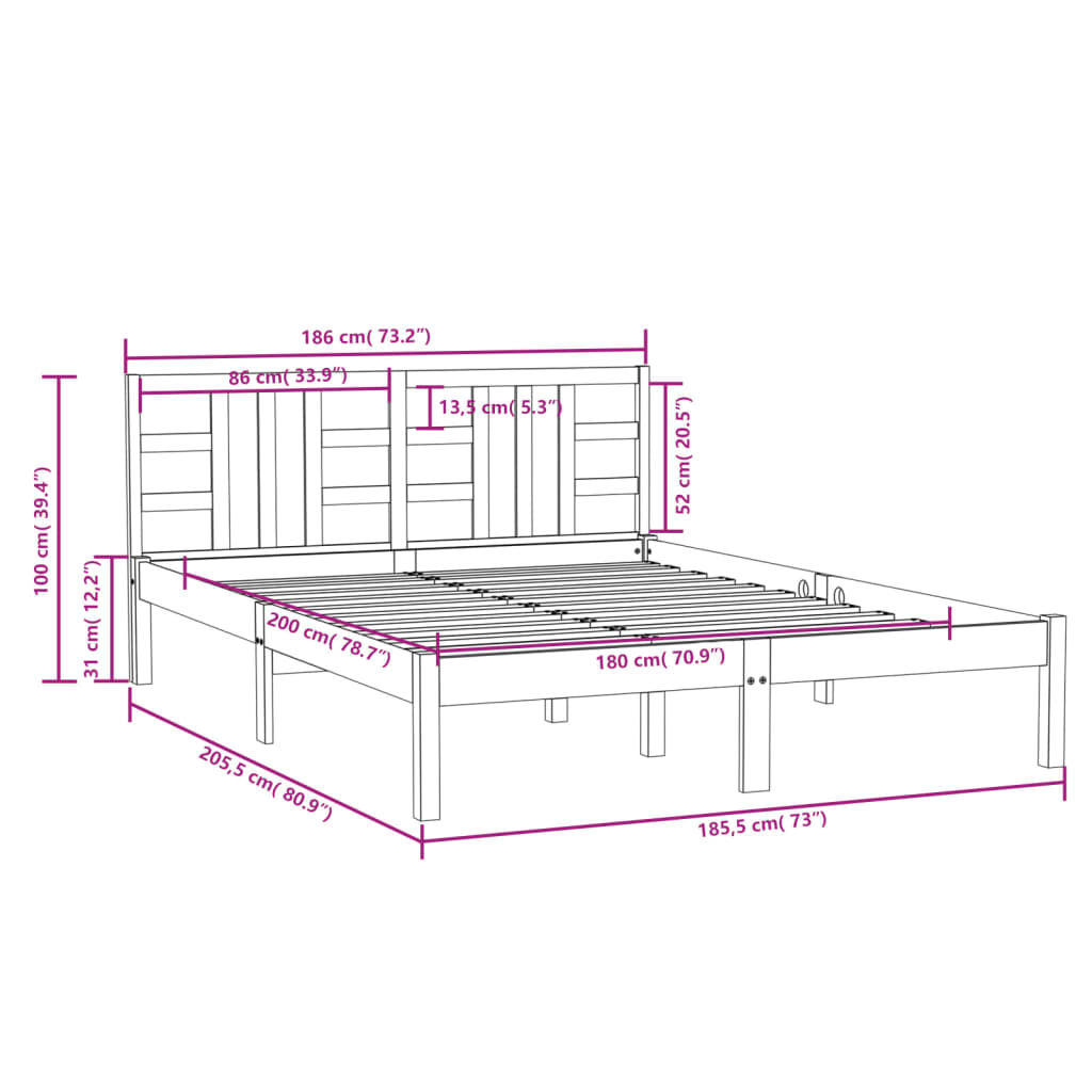 vidaXL Super King fekete tömör fa ágykeret 180 x 200 cm