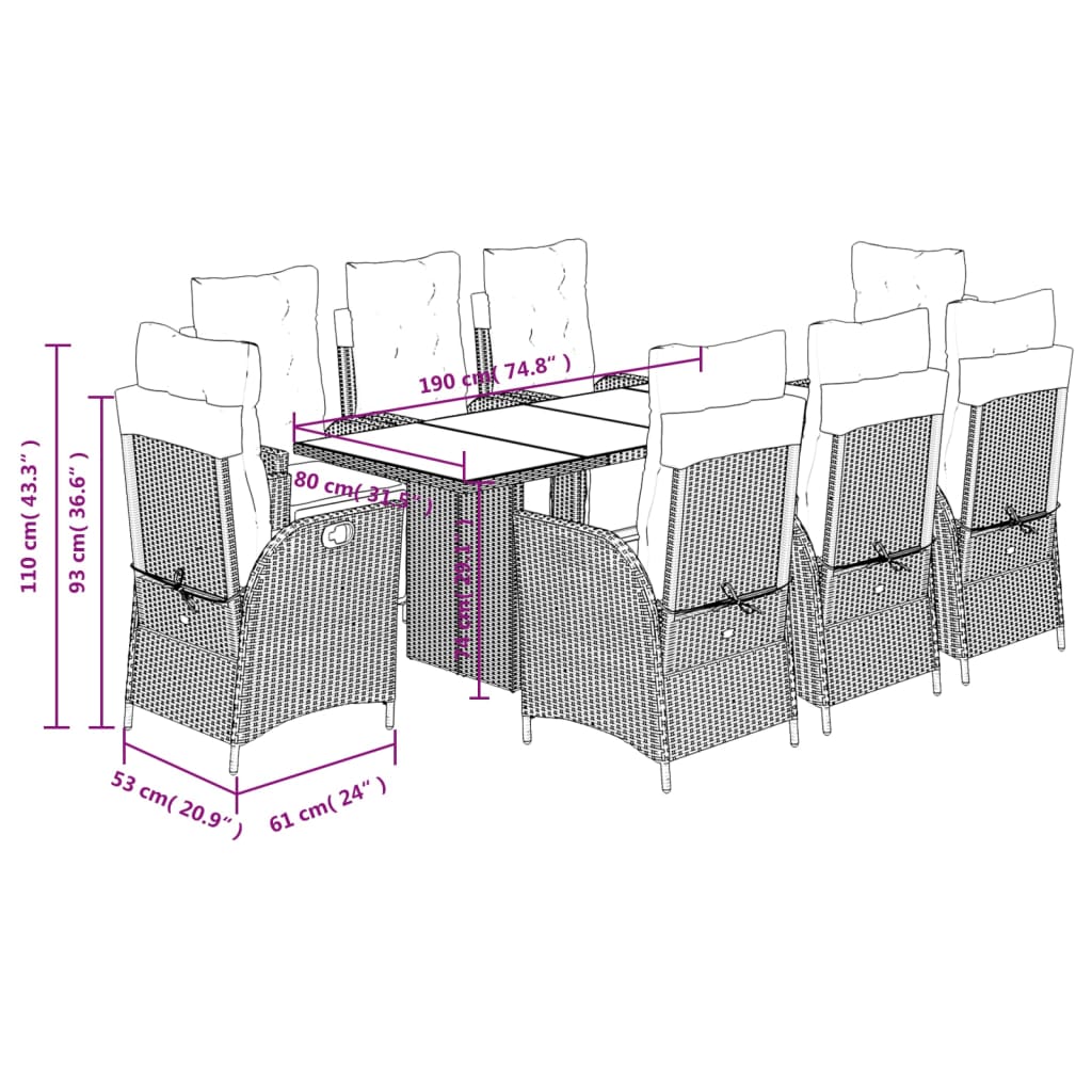 vidaXL 9 részes barna polyrattan kerti étkezőgarnitúra párnákkal