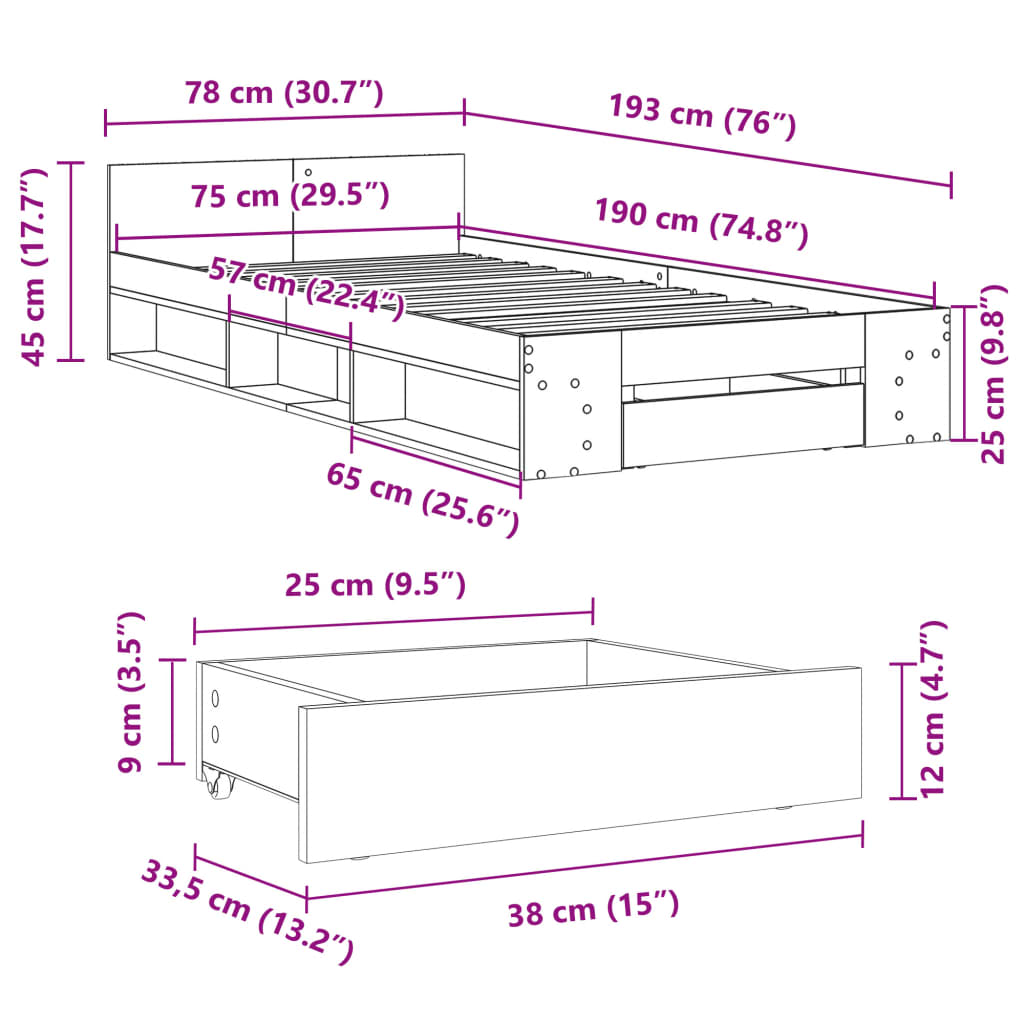 vidaXL sonoma tölgy színű szerelt fa ágykeret fiókkal 75x 190 cm