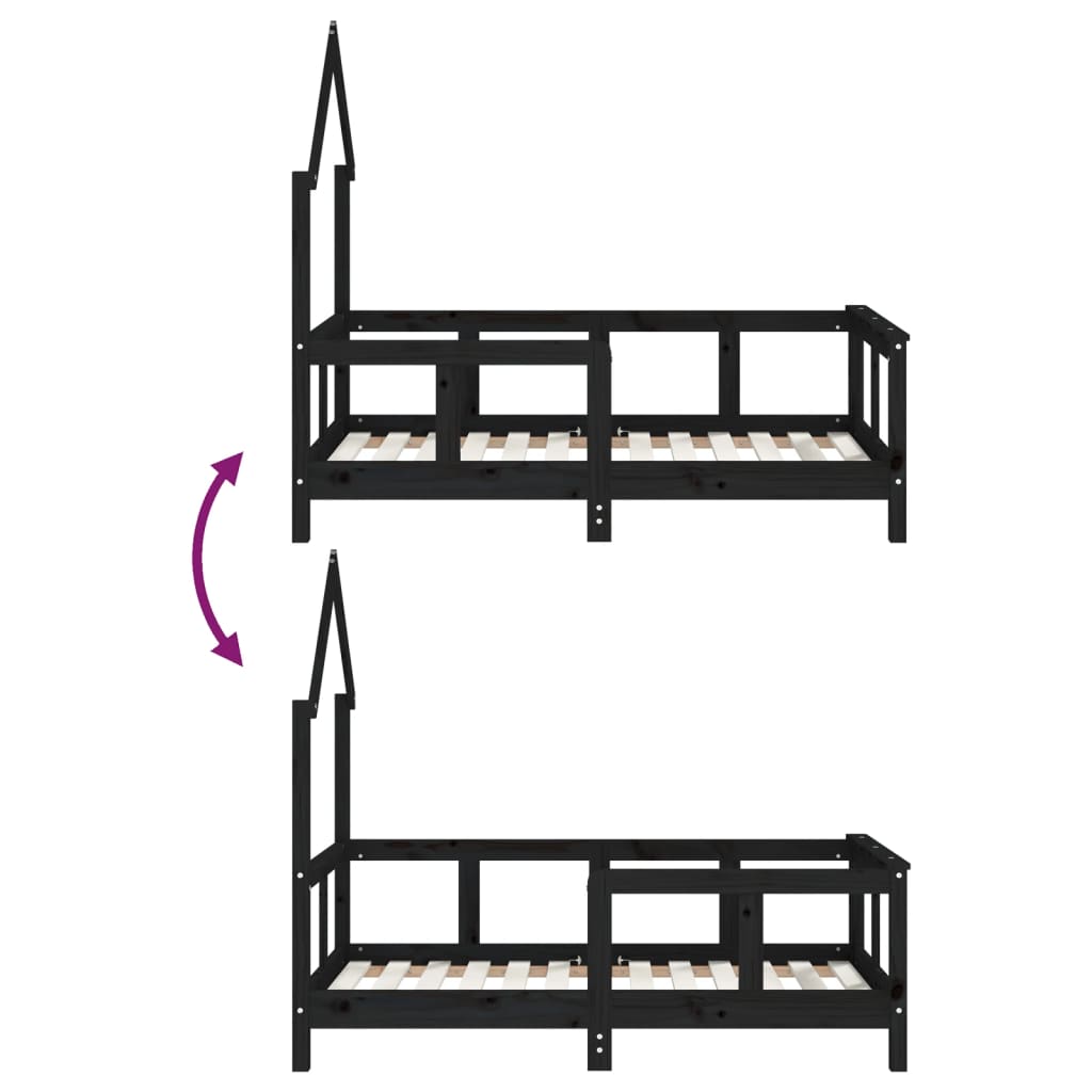 vidaXL fekete tömör fenyőfa gyerekágykeret 70 x 140 cm