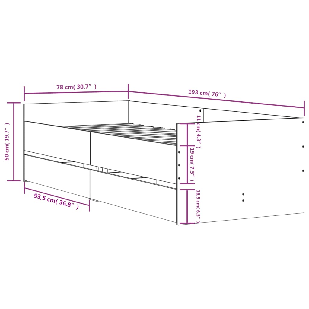 vidaXL betonszürke kisméretű egyszemélyes ágykeret 75 x 190 cm