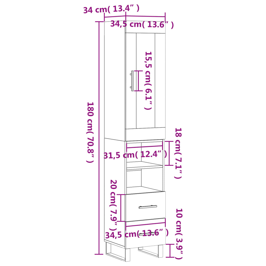 vidaXL magasfényű fehér szerelt fa magasszekrény 34,5 x 34 x 180 cm