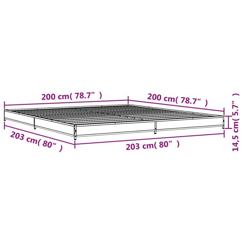 vidaXL barna tölgyszínű szerelt fa és fém ágykeret 200 x 200 cm